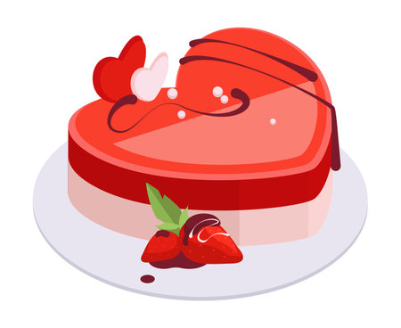 Isometric strawberry cake. Sweet berry dessert, heart shaped cake with strawberry frosting, tasty fruit cake decorated with berries 3d vector illustrationのイラスト素材