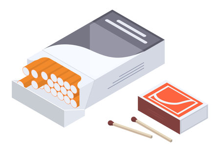 Isometric cigarette pack. Tobacco smoking products, cigarettes and matches box 3d vector illustrationのイラスト素材