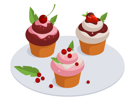 Isometric cupcakes. Sweet pastry muffins, delicious chocolate and vanilla desserts with berries 3d vector illustration setのイラスト素材