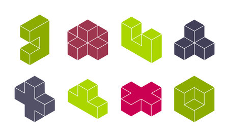 Isometric 3d blocks. Abstract geometric shapes, puzzle game elements, logic game constructor cube elements vector illustration setのイラスト素材
