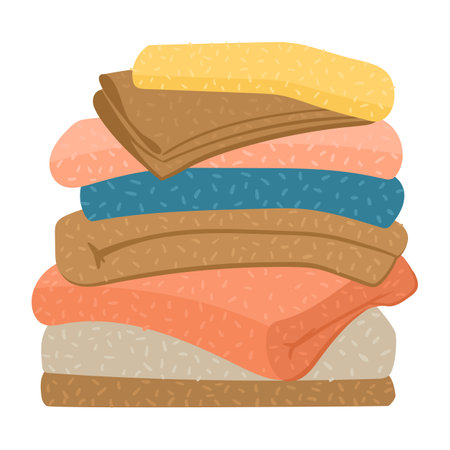stacked towels. Cartoon kitchen or bath textile towels, bathroom and shower hygiene elements flat vector illustrationのイラスト素材