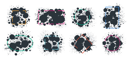 Paint splash frames. Black ink drops and spots borders, abstract ink splatters, writing ink grunge drops frame silhouettes flat vector illustration setのイラスト素材