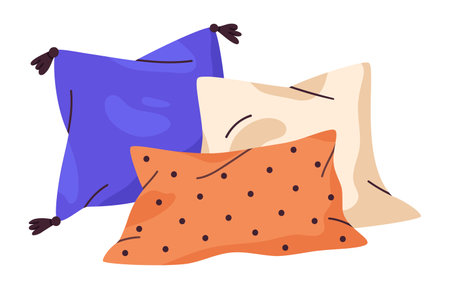 Flat cartoon pillows. Home interior textile, bamboo or feather cushion, soft cozy pillows flat vector illustrationのイラスト素材