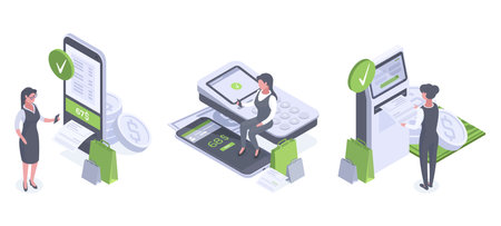 Isometric online payment. Woman use cash terminal, mobile phone and ATM, mobile purchase, mobile banking 3d vector illustrations setのイラスト素材