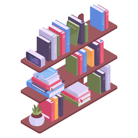 Isometric bookshelf. Library room or office bookshelves, book stack on school bookcase 3d vector illustrationのイラスト素材