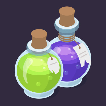 Isometric bottle poisons. Alchemy magic toxic liquid, witch potion 3d vector illustrationのイラスト素材