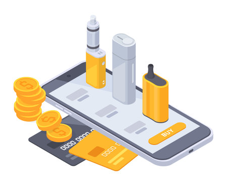 Isometric vape shop. Vape smoke accessories online application, digital e-cigarette shop app on smartphone screen 3d vector illustrationのイラスト素材