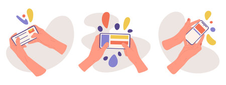Hand holding smartphones. Cartoon mobile phones in hands, fingers scrolling and tapping device screens flat illustration set. human hands holding gadgetsのイラスト素材