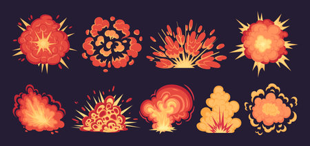 Fire burning clouds. Cartoon danger bomb explosions. Dynamite detonation with fire and smoke clouds vector illustrations setのイラスト素材