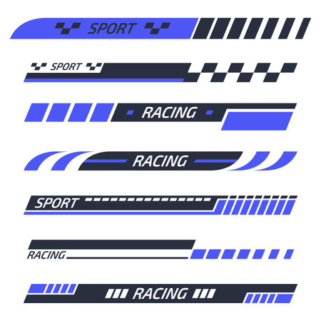 Tuning racing stickers. Sports car, motor boat stripes, vehicle tuning decals flat vector illustration set. Tuning striped sport barsのイラスト素材