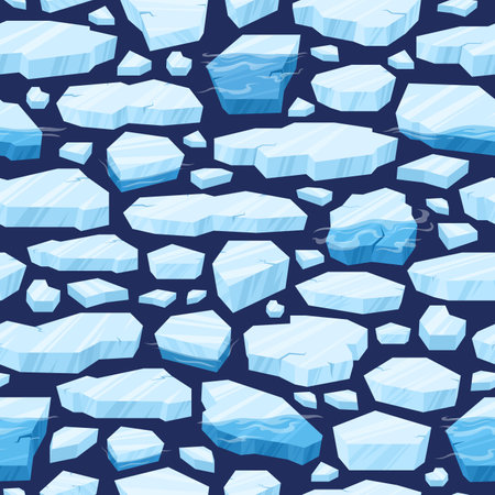 Cartoon floating ice seamless pattern. Frozen arctic blocks of ice, icebergs pieces and glaciers. Blue ice crystals floating in water vector background illustrationのイラスト素材