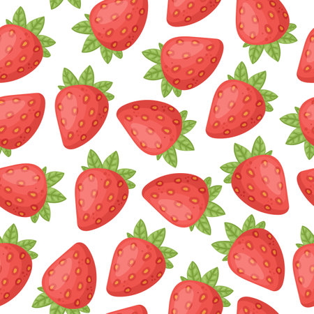 Strawberry seamless pattern. Cartoon red strawberries and green leaves flat vector background illustrationのイラスト素材