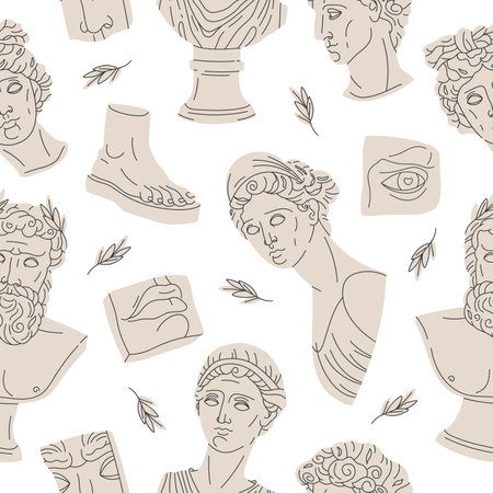Greek ancient sculpture seamless pattern. Classic greek god and goddess sculptures, antique marble heads and body parts flat vector background illustrationのイラスト素材
