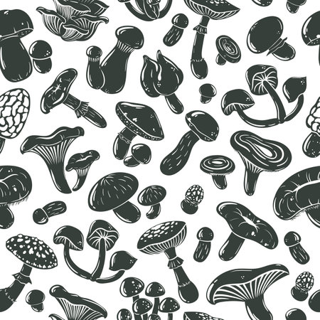 Mushrooms silhouette seamless pattern. Autumn forest plants silhouettes, champignon, shiitake, chanterelle and king oyster flat vector background illustrationのイラスト素材