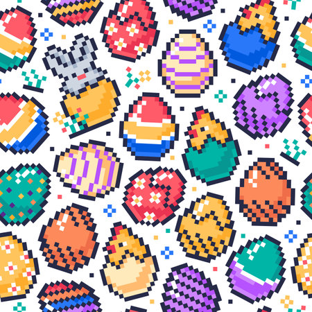 Pixel 8 bit eggs seamless pattern. Easter pixel art arcade game eggs, painted chicken eggs flat vector background illustrationのイラスト素材
