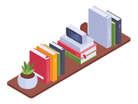 Isometric bookshelf background. Home interior bookshelves or library room, book stack on wooden bookcase 3d vector illustrationのイラスト素材