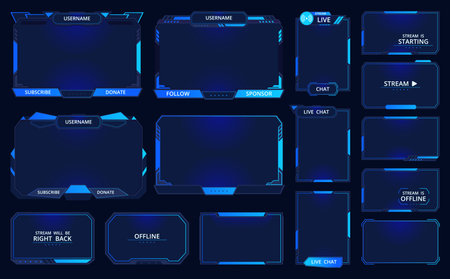 game stream frames. Futuristic gamers live streaming interface screen, mmo game menu garish frames flat vector illustration set. gamers stream elementsのイラスト素材
