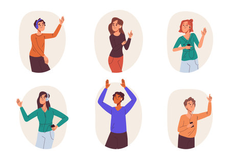 Dancing people vector set. Male and female dancers characters moving to music, dancing and enjoying party flat vector illustration collectionのイラスト素材