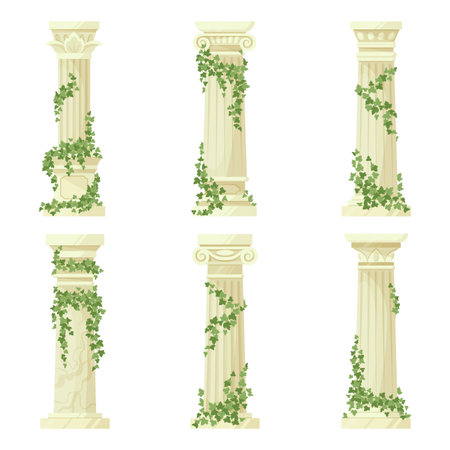 Ivy-covered classic columns vector set. Cartoon greek antique roman pillars with climbing ivy branches isolated flat vector illustration collectionのイラスト素材