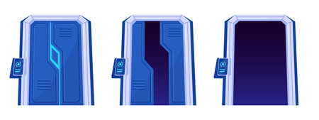 spacecraft gateway. Cartoon closed and open spaceship gates, futuristic ship doors, control room door flat vector illustration setのイラスト素材