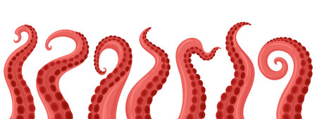 Cartoon octopus tentacles. Ocean squid palpus, twisted limbs with suckers flat vector background illustrationのイラスト素材