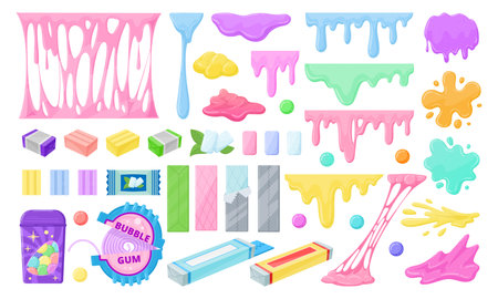 Bubble bubblegum splashes. Cartoon gummie splashes and spots, gum packaging, chewing dragees and bubblegum stripe flat vector illustration set. Sweet gum collectionのイラスト素材
