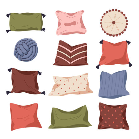Flat textile pillows. Cartoon home interior, feather or bamboo cushion, soft cozy pillows flat vector illustration set. Sofa decorative cushionsのイラスト素材