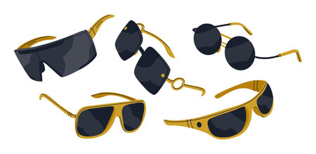 trendy sunglasses. Plastic and metal frame shades, fashionable eyewear accessories flat vector illustration setのイラスト素材