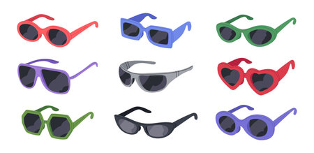 Sunglasses vector set. Trendy plastic frame shades. Fashion eyewear accessories flat vector illustration collectionのイラスト素材