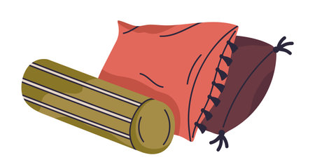 Cozy sofa pillows. Textile home interior decor pillows, feathered cushion, soft pillows flat vector illustration collectionのイラスト素材