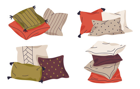 Pillow vector collection. Textile home interior pillows, feathered sofa cushions, cozy pillows flat vector illustration setのイラスト素材