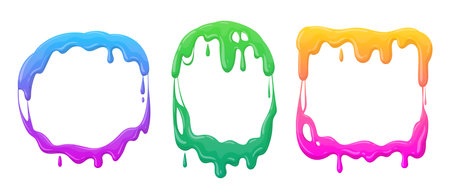 Cartoon slime frames. Mucus splash borders, jelly dripping frames, goo sticky liquid slime splatters flat vector illustration setのイラスト素材