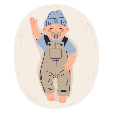 Sleeping newborn baby. Cute little boy with pacifier, funny toddler, resting kid wearing baby romper flat cartoon vector illustrationのイラスト素材