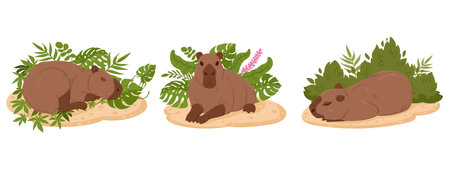 cartoon capybaras. Cute semi-aquatic wild animals, herbivore mammals in natural habitat flat vector illustration setのイラスト素材