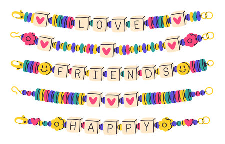 Beaded bracelets. Friendship funky bracelets, handmade plastic beads bracelet. Kids cute accessories with words friends and love vector setのイラスト素材