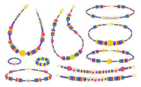 Friendship beaded jewelry. Handmade plastic beads bracelets, cute necklaces and rings. Kids accessories flat vector illustration setのイラスト素材