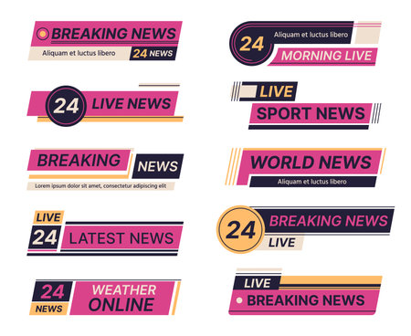 Breaking news bars. Live breaking news banners, TV broadcast screen symbols. Sport and weather news titles flat vector illustration set. News bars collectionのイラスト素材