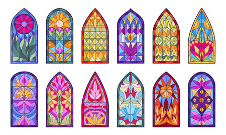 stained glass windows. Mosaic church windows, decorative cathedral stained glasses flat vector illustration set. Geometry and floral design windowsのイラスト素材