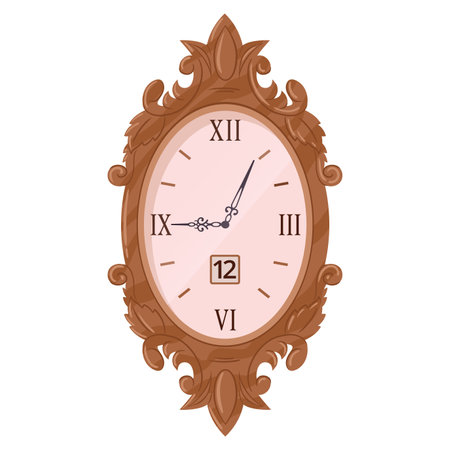Wooden vintage clock. Cartoon watch, mechanical retro clock, digital interior chronometer flat vector illustration set on white backgroundのイラスト素材