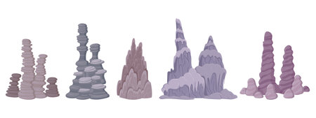mineral stalagmites. Natural growth geology formations, cave limestone rocks. Cartoon stalagmite columns flat vector illustration setのイラスト素材