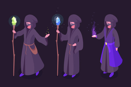 isometric wizard. Witchcraft magician characters, practitioners of black magic. Wizard with magic staff 3d vector illustration setのイラスト素材
