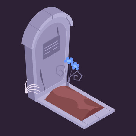 Isometric horror tombstone grave. Monster skeleton arm, spooky zombie hand on stone monument, scary holiday 3d vector illustrationのイラスト素材