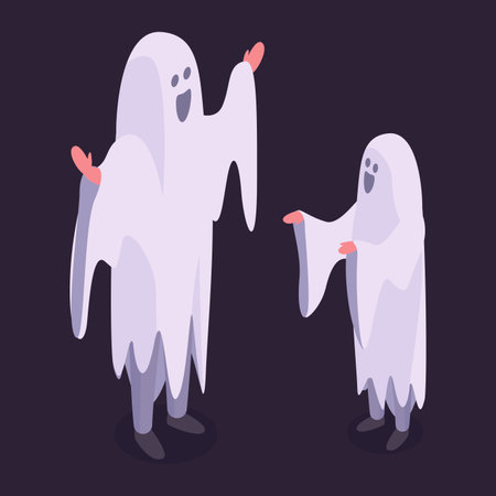 Isometric dad and son wearing ghost costumes. Halloween party masquerade characters, trick or treat night 3d vector illustrationのイラスト素材