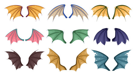 cartoon dragon wings. Fantasy dragon flying wings, fairy reptile animal wings flat vector illustration set. flying dragons pair of wingsのイラスト素材