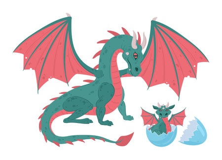 Cartoon dragon mom with cute baby. Winged medieval mother dragon and newborn dragon child flat vector illustrationのイラスト素材