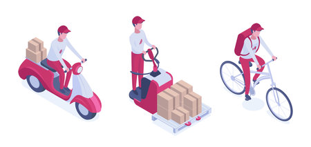 Isometric courier characters. Delivery service, logistic and shipping workers riding bicycle, scooter and forklift 3d vector illustration setのイラスト素材