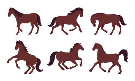 cartoon brown horses. Graceful running, galloping and standing animals. Thoroughbred farm or ranch horses flat vector illustration collectionのイラスト素材