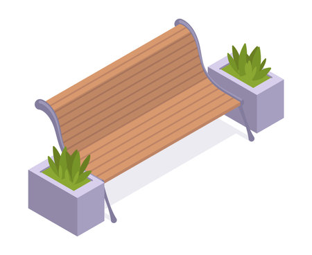 wooden garden bench. Isometric backyard or city park bench with planting of greenery. Modern garden furniture 3d vector illustrationのイラスト素材
