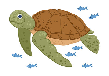 sea turtle. Cartoon swimming turtle, cute ocean animal. Water reptile flat vector background illustrationのイラスト素材