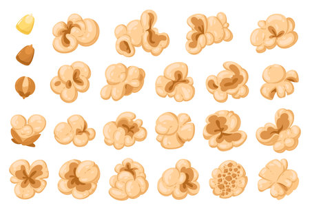 cartoon popcorn. Popping corn with salty or sweet flavor, tv or movie watching snack flat vector illustration set. popcorn shapes collectionのイラスト素材